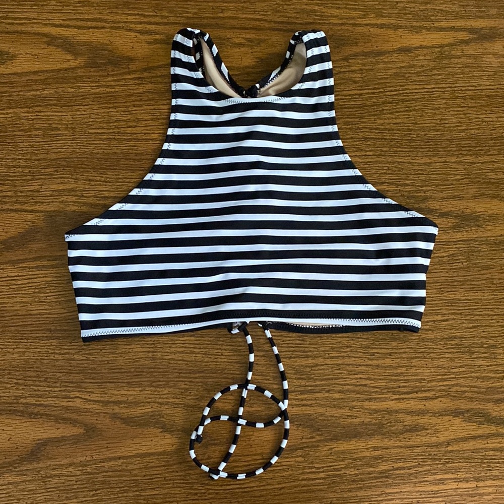 Old Navy Bikini - High Neck Top w/ Twist Back - Black & White Stripe - Sz L